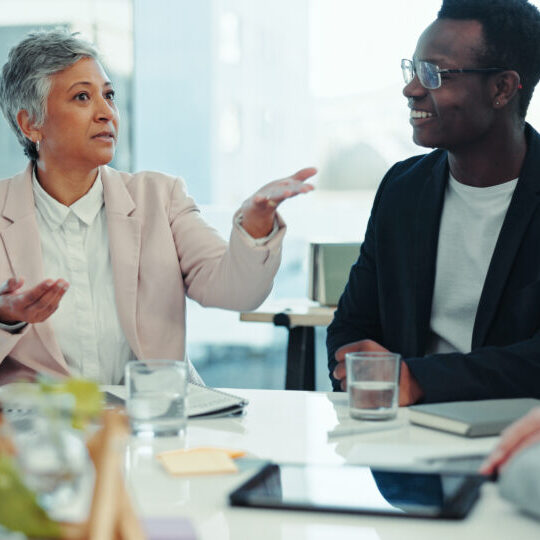 Teamwork, workshop and planning with business people in meeting for feedback, brainstorming and public relations. Workflow, project management and media campaign with employees in office for solution